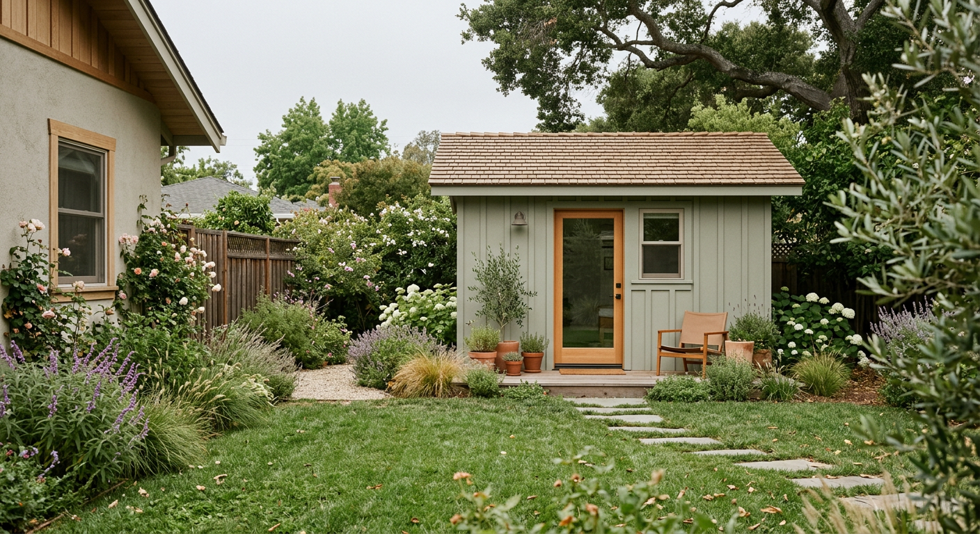 Generated image of a small sage-green backyard cottage in a California garden