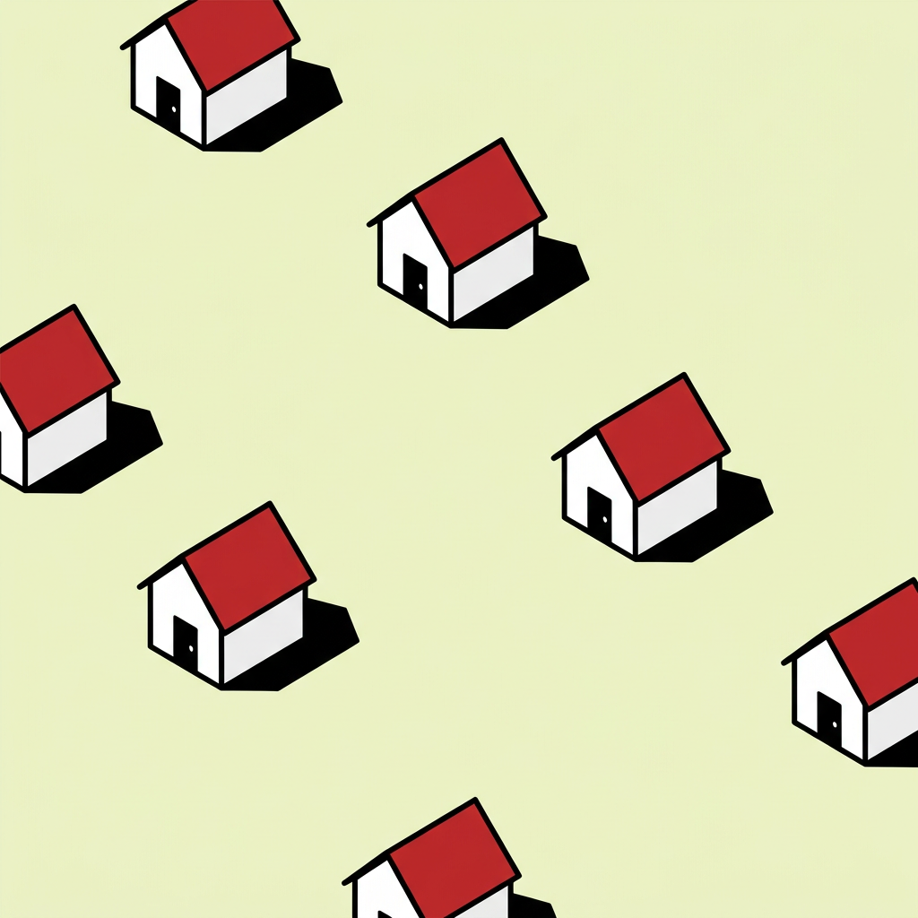 Illustration of small white cottages with red roofs scattered across a pale green field