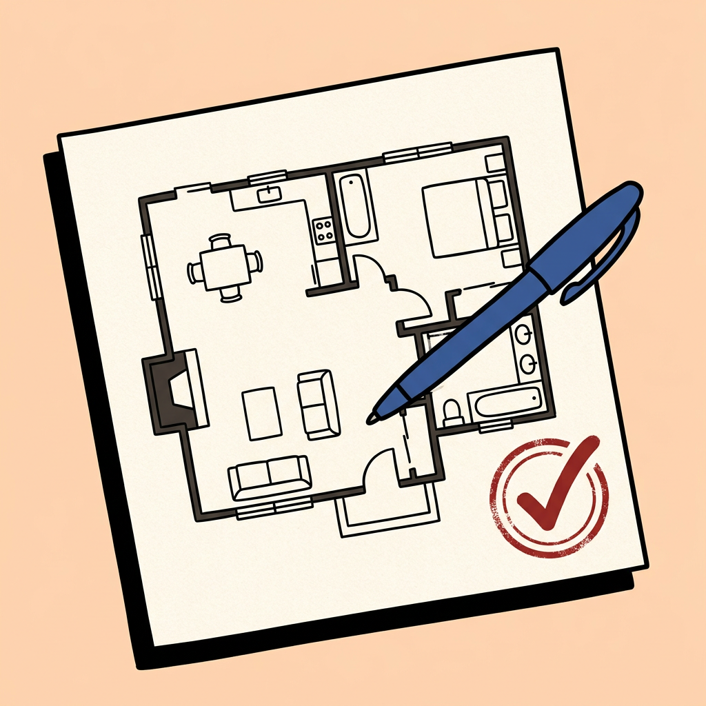 Illustration of a floor plan sheet with a red approval stamp and a blue pen