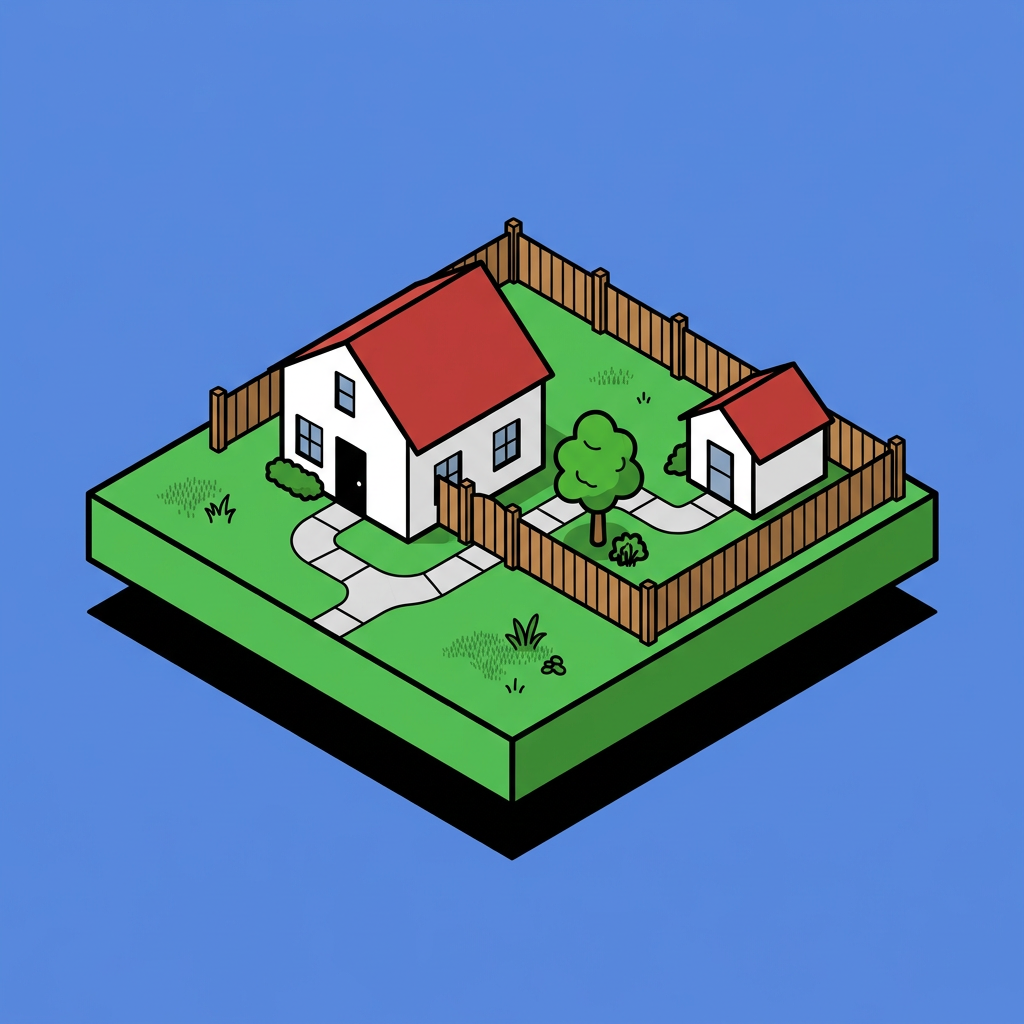 Illustration of a fenced lot with a main house and a small cottage at the back